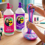 Bezzie 1L Slime Glue White and 1L Slime Activator with a child stretching pink and blue glitter slime