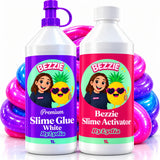The Bezzie Duo: 1L Premium Slime Glue White and 1L Bezzie Slime Activator with pink and blue glitter slime