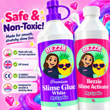 Safe and non-toxic Bezzie 1L slime glue and 1L slime activator, made for smooth stretchy slime