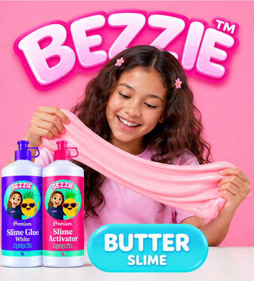 Girl stretching pink butter slime made with Bezzie