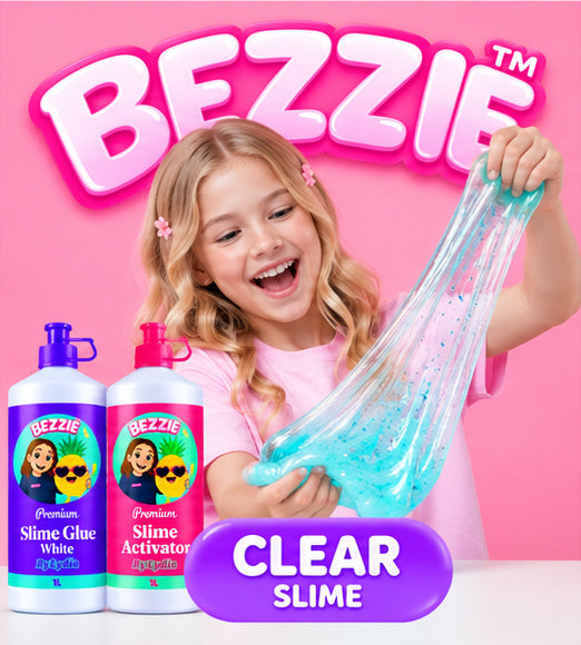Girl stretching clear glitter slime, with Bezzie Slime Glue and Slime Activator