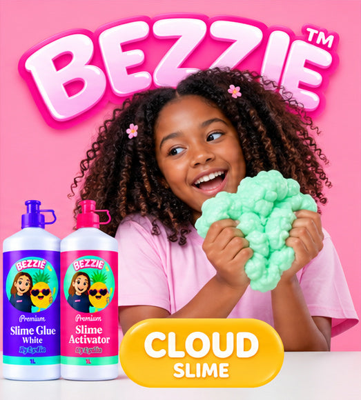 Girl holding fluffy green cloud slime made with Bezzie