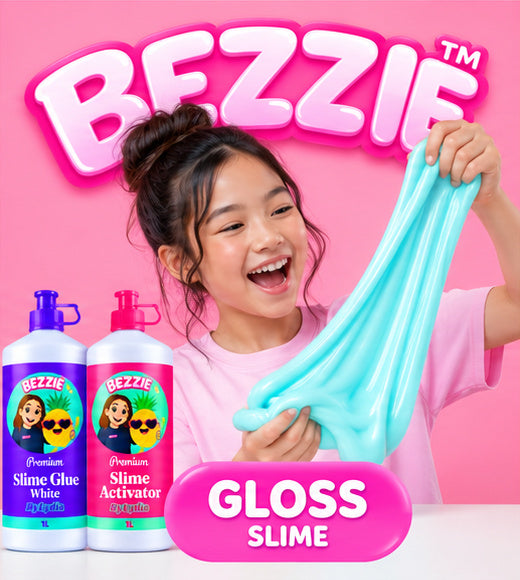 Girl stretching blue gloss slime made with Bezzie